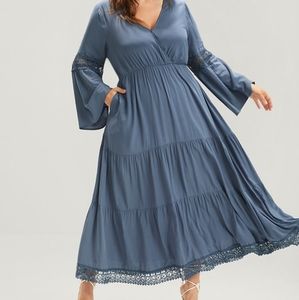 BLOOMCHIC Solid Flounce Sleeve Pocket Button Lace Ruffle Hem Maxi Dress Size 12